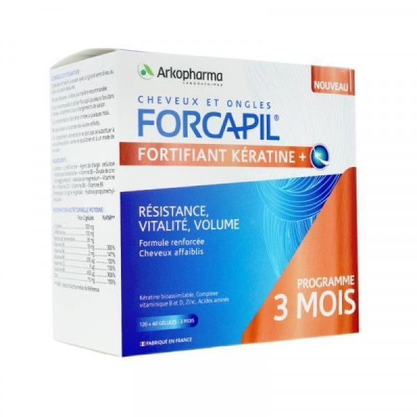 Forcapil Fortifiant Keratine+  180 gélules 3 mois + shampoing fortifiant 30ml offert
